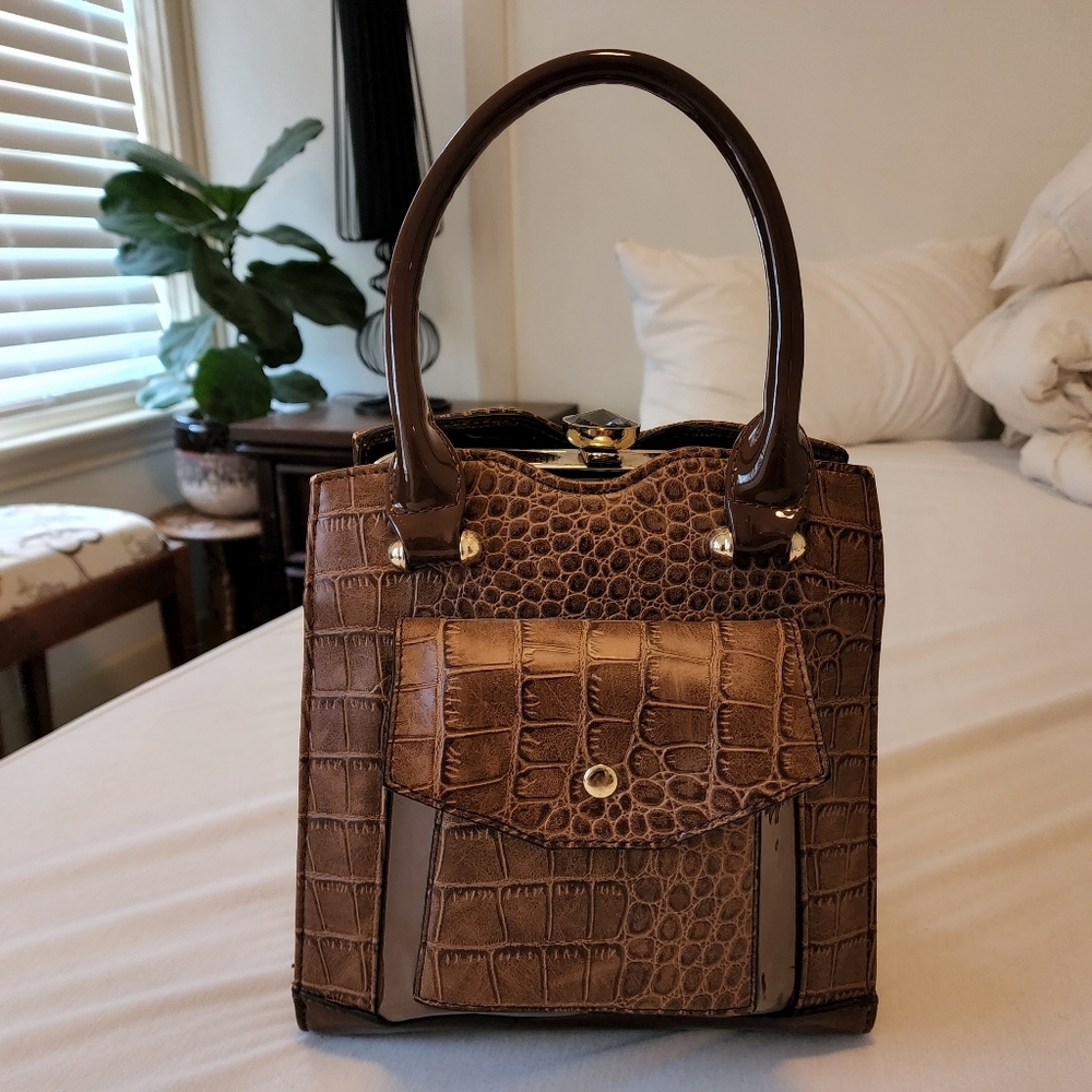Brown Crocodile-Patterned Handbag